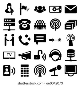 Communication icons set. set of 25 communication filled icons such as call, megaphone, group, signal, woman speaker, display, operator, desk phone, microphone, gear on display