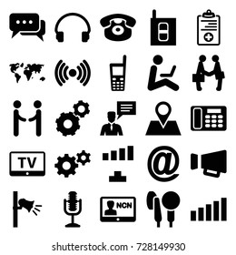 Communication icons set. set of 25 communication filled icons such as tv, gear, signal, location pin, man with chat bubble, headset, old phone, desk phone, megaphone