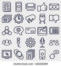 Communication icons set. set of 25 communication outline icons such as train, desk phone, love letter, microphone, news, group, clock in gear, home on phone display, gear