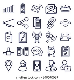Communication icons set. set of 25 communication outline icons such as train, group, man with laptop, megaphone, news, love letter, heart mobile, satellite, chat, clipboard