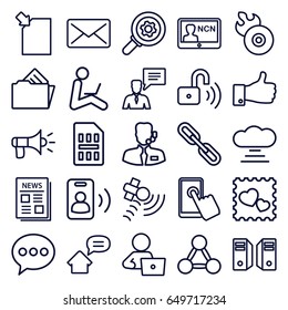 Communication icons set. set of 25 communication outline icons such as man with laptop, photo with heart, disc flame, satellite, news, chain, thumb up, document in folder