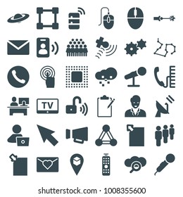 Communication icons. set of 36 editable filled communication icons such as connection, tv, man with laptop, group, pointer, mail, microphone, love letter, call, satellite