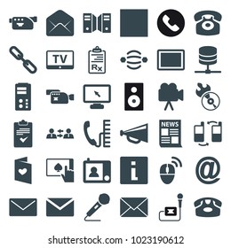 Communication icons. set of 36 editable filled communication icons such as tv, desk phone, megaphone, mail, info, news, atom interaction, love letter, communication