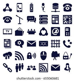 Communication icons set. set of 36 communication filled icons such as mail, group, call, love letter, microphone, woman speaker, camera, chain, desk phone, document in folder