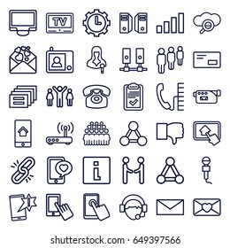 Communication icons set. set of 36 communication outline icons such as connection, finger on display, mail, group, love letter, phone with heart, microphone, woman speaker