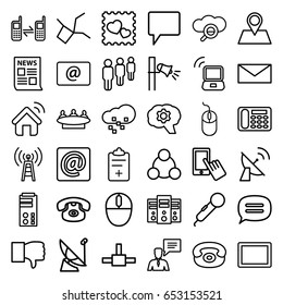 Communication icons set. set of 36 communication outline icons such as finger on display, mail, mouse, group, desk phone, location pin, photo with heart, chat