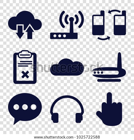 Communication icons. set of 9 editable filled communication icons such as chat, middle finger, headset, clipboard, router, cloud, cloud download upload