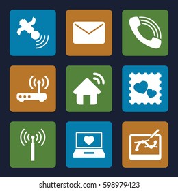communication icons set. Set of 9 communication filled icons such as signal tower, laptop with heart, satellite, etc.