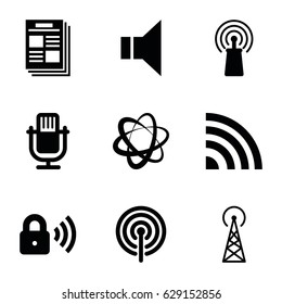 Communication icons set. set of 9 communication filled icons such as signal tower, signal, megaphone, security lock, newspaper, microphone