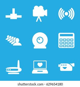 Communication icons set. set of 9 communication filled icons such as calculator, group, laptop with heart, camera, web camera, network connection, signal