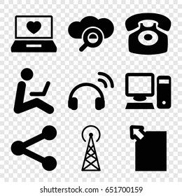 Communication icons set. set of 9 communication filled icons such as signal tower, laptop with heart, desk phone, pc, man sitting with laptop, headset, search cloud, share