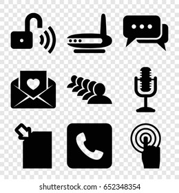 Communication icons set. set of 9 communication filled icons such as group, love letter, touchscreen, microphone, call, opened security lock, chat, router