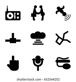 Communication icons set. set of 9 communication filled icons such as middle finger, pin microphone, satellite, microphone, businessman shaking hands, radio, cloud connection