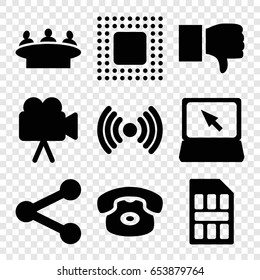 Communication icons set. set of 9 communication filled icons such as group, camera, laptop, chip, sim card, dislike, desk phone, signal