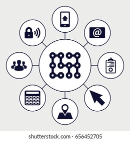 Communication icons set. set of 9 communication filled icons such as calculator, location pin, email, medical clipboard, home on phone display, security lock, user group