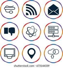 Communication icons set. set of 9 communication filled and outline icons such as envelope, map location, pin microphone, display, dislike, signal, network connection, server