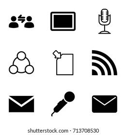 Communication icons set. set of 9 communication filled and outline icons such as mail, tablet, user communicatrion, microphone, connection, signal