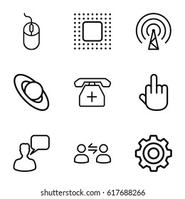 Communication icons set. set of 9 communication outline icons such as chatting man, mouse, medical phone, chip, gear, user communicatrion, signal, middle finger