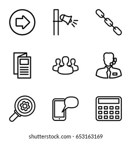 Communication icons set. set of 9 communication outline icons such as arrow right, calculator, news, chain, megaphone, help support, user group, message on phone