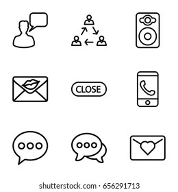 Communication icons set. set of 9 communication outline icons such as chatting man, love letter, chat, speaker, close, phone call