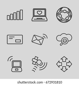 Communication icons set. set of 9 communication outline icons such as laptop with heart, satellite, signal, envelop, laptop signal, mail, move, network connection
