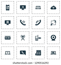 Communication icons set with call back, communication via laptop, cloud access point and other article on laptop elements. Isolated vector illustration communication icons.