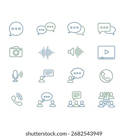 Video Conjunto de iconos de comunicación: símbolos de chat, llamada, mensaje, voz y línea de medios