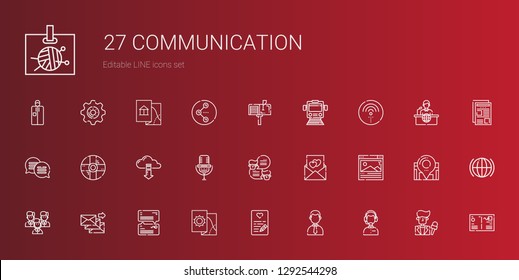 communication icons set. Collection of communication with customer service, businessman, love letter, map, chat, email, team, browser. Editable and scalable communication icons.