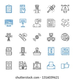 communication icons set. Collection of communication with like, inbox, video call, news, speaker, newspaper, phone book, employee, billboard. Editable and scalable communication icons.