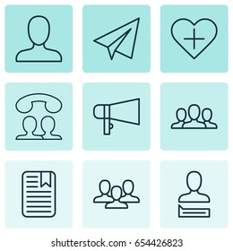 Communication Icons Set. Collection Of Note Page, Bullhorn, Society And Other Elements. Also Includes Symbols Such As Favorites, Follow, User.