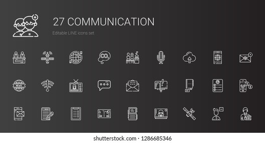 communication icons set. Collection of communication with satellite, television, voice recorder, postcard, clipboard, journalist, smartphone. Editable and scalable communication icons.