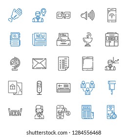 communication icons set. Collection of communication with smartphone, news, customer service, table, pin, teamwork, pass, microphone. Editable and scalable communication icons.