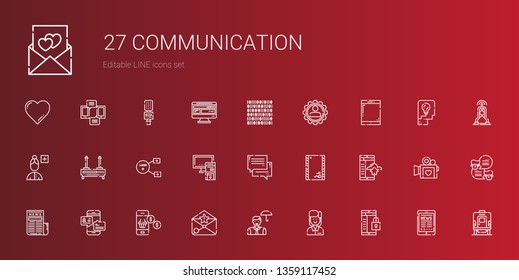 communication icons set. Collection of communication with smartphone, employee, email, chat, news, envelope, pc, sharing, router, add user. Editable and scalable communication icons.