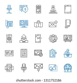 communication icons set. Collection of communication with user, image, message, microphone, mobile map, news report, clipboard, map. Editable and scalable communication icons.