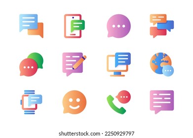 Communication icons set in color flat design. Pack of message, chat bubble, phone call, computer, globe, emoticon, business mail, information and other. Vector pictograms for web sites and mobile app
