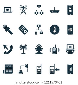 Communication icons set with communication console, call mobile phone, communication tower and other telemarketing elements. Isolated vector illustration communication icons.