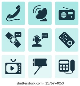 Communication icons set with communication console, handset, smart watch notification monopod elements. Isolated vector illustration communication icons.