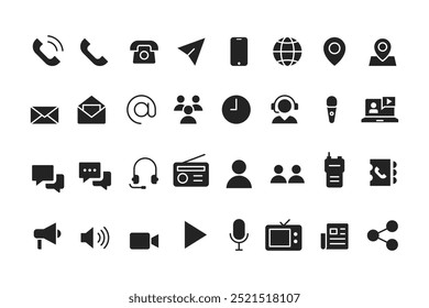 Colección de íconos de comunicación o herramientas de comunicación, teléfono inteligente, teléfono fijo, correo electrónico, periódico, televisión, radio, etc.