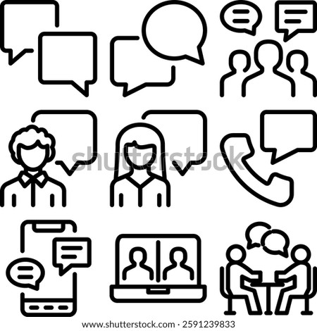 Communication icons set containing speaking, conversation, discussion, speech bubble, talking, consultation and conversation icon illustration.