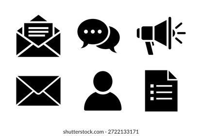 Conjunto de iconos de comunicación - correo electrónico sobre, burbujas de chat, megáfono, perfil de usuario, lista de documentos - Vector negro