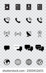 "Communication icons set featuring phone,waves,web and message symbols. Ideal for contact and support designs."