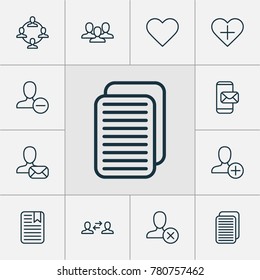 Communication icons set with follow, team organisation, add and other phone messaging elements. Isolated vector illustration communication icons.