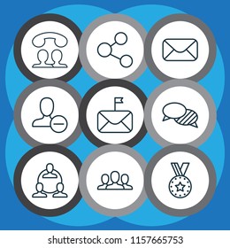 Communication icons set with group, delete, correspondence and other publication elements. Isolated vector illustration communication icons.