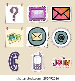 Communication icons set. Hand drawn and isolated. Stickers