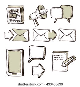 Communication icons set. Hand drawn cartoon vector illustration.