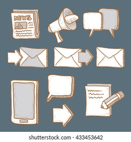 Communication icons set. Hand drawn cartoon vector illustration.