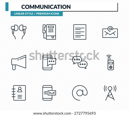 communication icons set - hands free, public phone, text lines, transmitter, radio antenna outline vector collection.