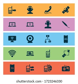 Communication icons set with handset, ip camera, telephone electronics elements. Isolated vector illustration communication icons.