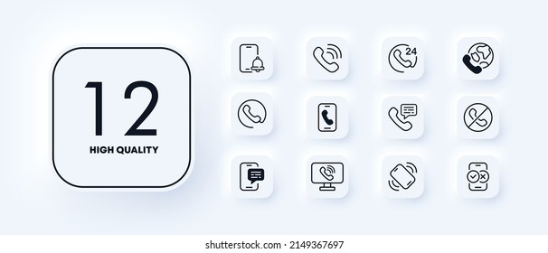 Communication icons set. Help 24 on 7. Technical support. Telephone communication. Reminder. Call. Neomorphism style.
