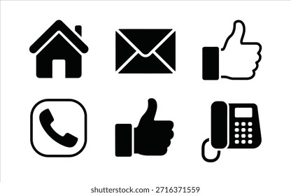 Communication Icons Set Home Message Thumbs Up Phone Call Vector Graphic Black and White Design Minimalist Style for Business and Personal Use Simple and Modern
